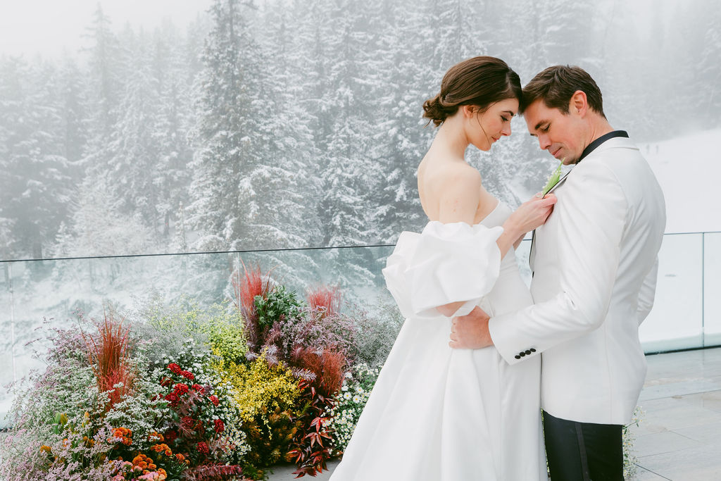 Real wedding Swiss alps, satin dress, structured cape