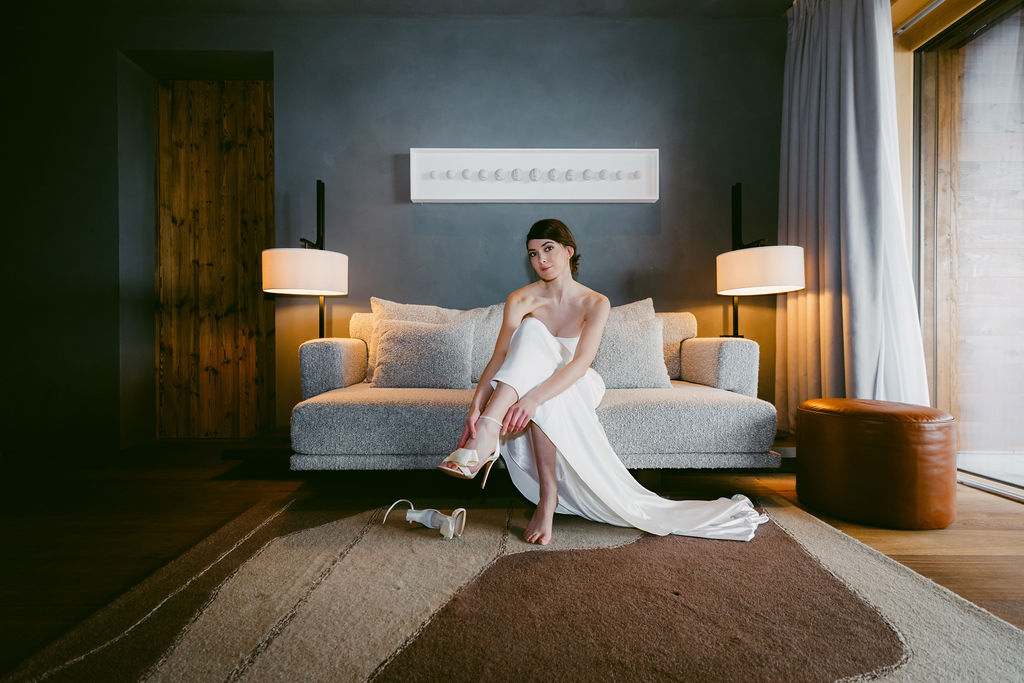 Wedding in Crans Montana, Swiss alps, bridal satin gown